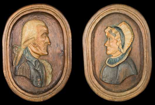 Pair of Carved and Painted Wood Folk Portraits