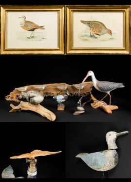 Two Colored Prints and Seven Carved Wooden Birds