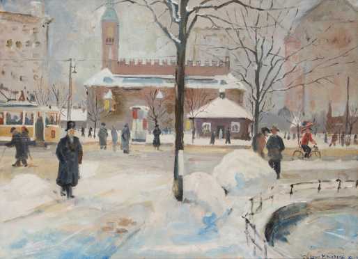 Louis Kronberg (1872-1965), NY, MA, FL, France., Oil on canvas painting of Boston Street Scene