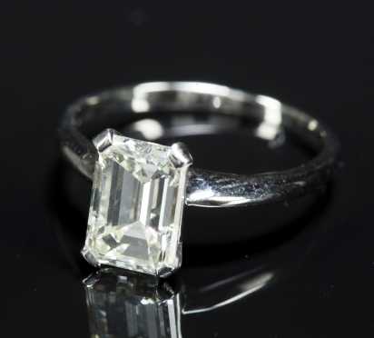 Emerald Cut Diamond, set as a ring, unmarked probably platinum, 2.6 carats
