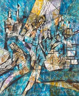 Magnus Engstrom, Sweden, Contemporary, arcylic painting on canvas of an abstract view of musicians playing music, signed lower right