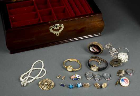 Mahogany Jewelry Box with Jewelry Lot