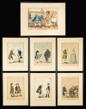 Six "Symptoms of the Shop" and " Business & Pleasure", hand colored English engravings