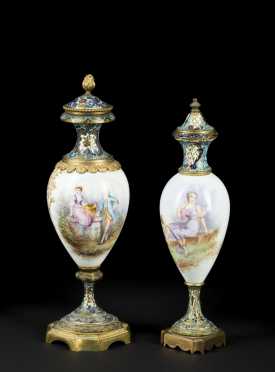 Two French Cloisonne and Porcelain Urns