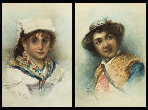 S.Cazzaitis, Rome, Italy, 19thC., pair of watercolor paintings of a young couple