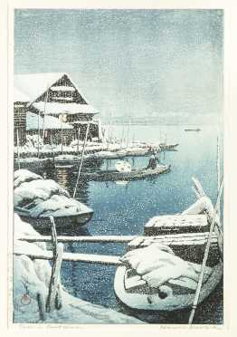 Hasui Kawase Japanese Block Print (1883-1957), "Snow in Mukojima"
