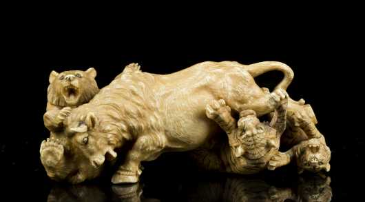 Chinese Carved Ivory Miniature, Animals Fighting