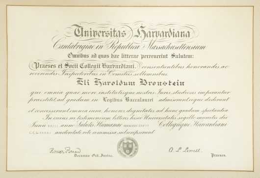 Harvard Law School Diploma, signed Roscoe Pound and A.L. Lowell