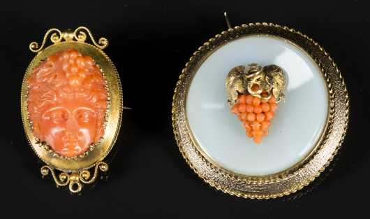 Two Yellow Gold and Carved Coral Pins