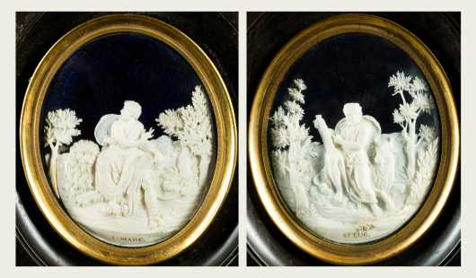 C. Haager, Belgian, L18thC., two miniature carved Ivory pictures