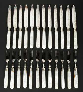 Cased Set of 12 Mother of Pearl Fruit Knives and Forks