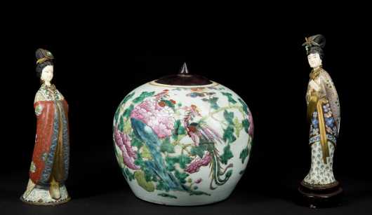 Chinese porcelain Ginger Jar and Two Cloissonne Figures