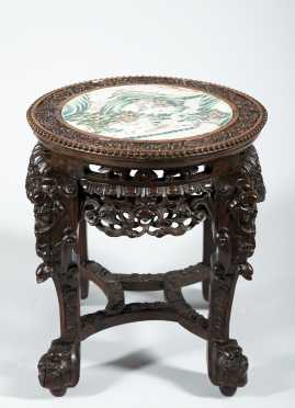 Chinese Carved Table With Famille Verte Plaque