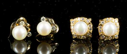 2 Pair of Pearl and Diamond Ear Studs