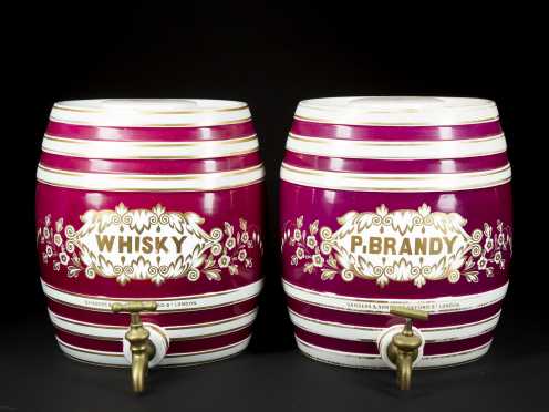 Pair Porcelain Whiskey & Brandy Barrel Dispensers