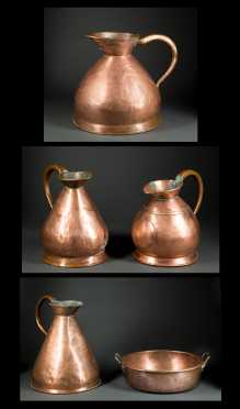 Four Copper Liquid Measures and a Handled Pan