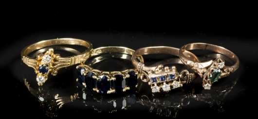 Four Yellow and Rose Gold and Sapphire Rings