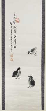 Chinese Scroll Painting of Three Chicks C 1950-60s