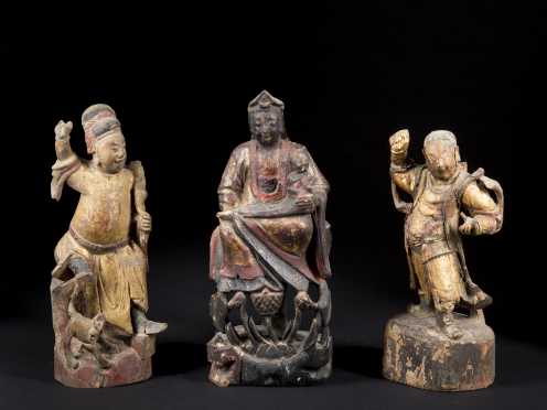 Three Chinese Carved and Gilded Wooden Reliquary Figures 19thC or earlier
