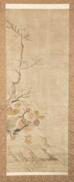 Japanese Ink on Paper with Color Scroll 19thC