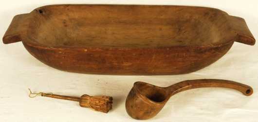 Carved Wooden Bowl, Whisk and Dipper
