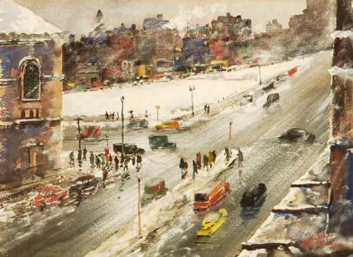 John Chetcuti, watercolor on paper of a Boston City street scene