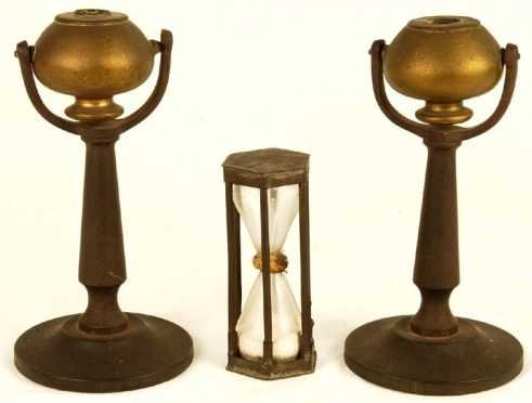 Hour Glass and Pair of Gimbaled Oil Lamps