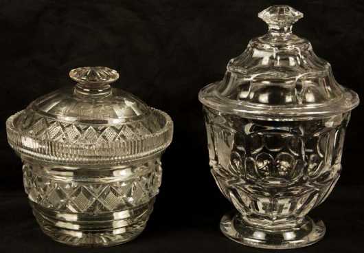 Two Clear Glass Covered Sugar Bowls