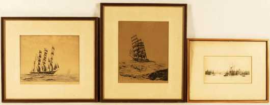 Frederick Owen,  2 etchings of tall ships