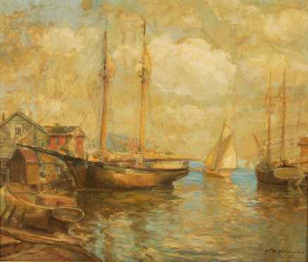 Oil On Canvas of Sail Boats in a New England harbor, illegibly signed
