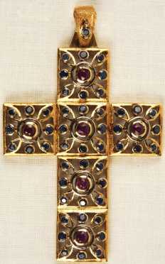 Yellow Gold Cross Pendent, inset with rubies and sapphires
