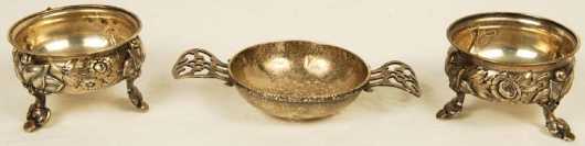 Pair of New York Coin Silver Salts and Sterling Strainer