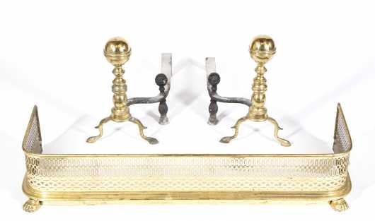 19thC Brass Fender and L/R Ball Top Andirons