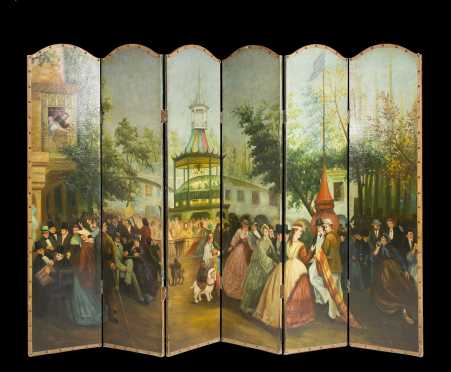 Painted Six Part Standing Screen