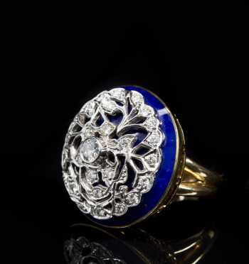 14kt. Yellow and White Gold with Blue Enamel and Diamond Ring