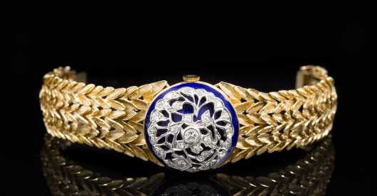 14kt. Yellow and White Gold with Blue Enamel and Diamond Wristwatch