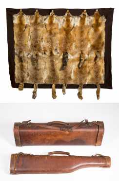 Two Sewn Leather Gun Cases and Fox Skin Hunting Blanket