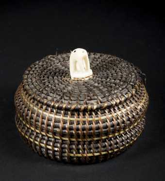 Inuit Woven Baleen With Walrus Ivory Decoration Basket