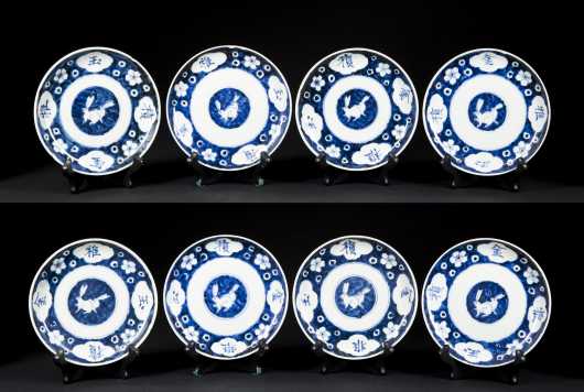 Lot of 8 Chinese Blue/White Rabbit Dishes