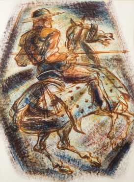Norman Millet Thomas attributed, "Don Quijote de la Mancha" Style Watercolor Painting