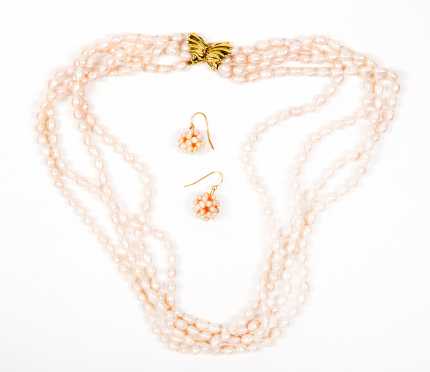 Pink Four Strand Rice Pearl Necklace and Earrings