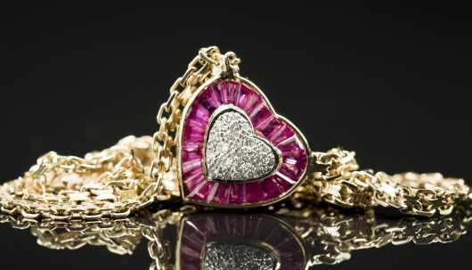 14kt. Ruby and Diamond Heart Pendant and Chain
