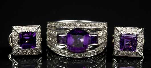 Amethyst, Diamond and 14kt. White Gold Earring and Ring Set
