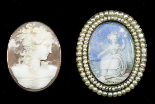 Shell Cameo and Watercolor and Seed Pearl Brooch