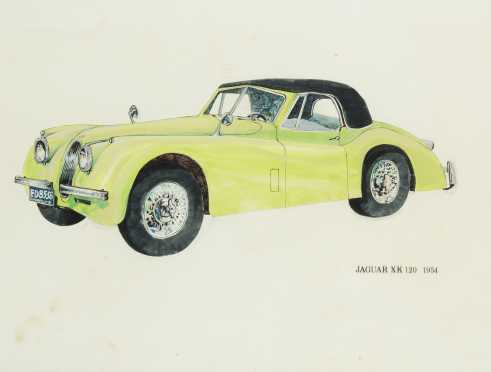 Watercolor Painting of 1954 Jaguar XK 120