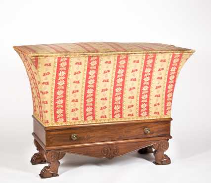 French Empire One Drawer Mahogany and Upholstered Hamper Signed by Cabinet Maker Jacob D R Meslee