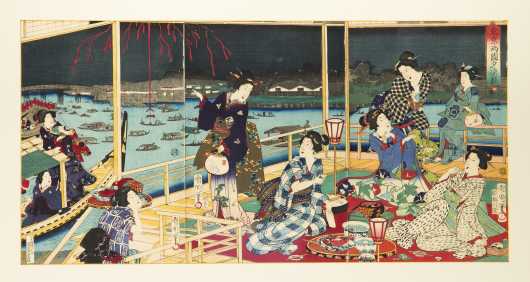 Japanese Triptych Color Woodblock Prints by Kunichika