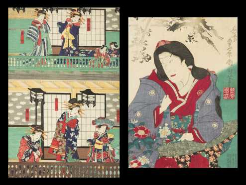 Two Japanese Color Block Prints by Kunichika and unsigned
