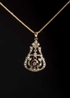 Yellow Gold, Garnet, and Seed Pearl Pendant