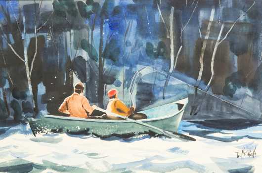Watercolor Painting of 2 Men in a Rowboat Fly Fishing